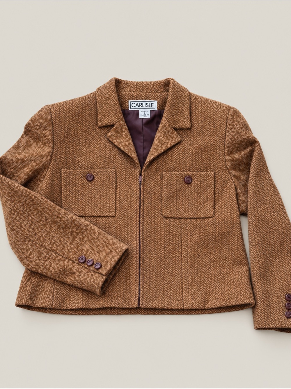 Vintage Carlisle Wool Tweed Herringbone Academia Cropped Blazer